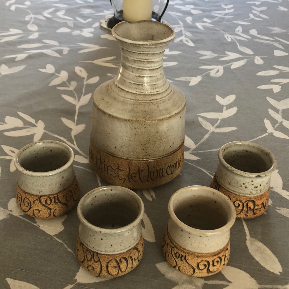 5 piece ceramic pitcher and cups decorative